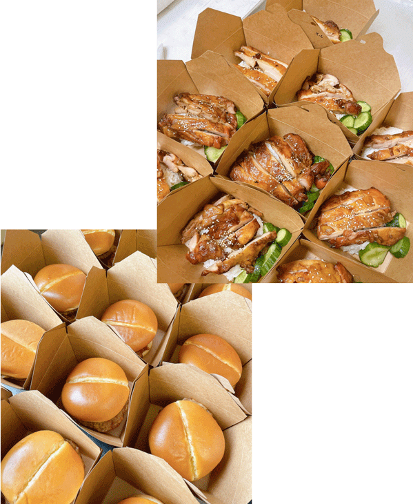 Individually packed chicken and rice lunches and burgers for school hot lunch programs