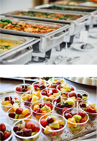 Event catering buffet with hot dishes and individual fruit cups